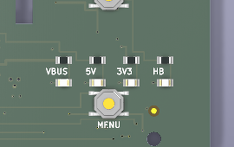Diagnostic LED bank — VBUS / 5V / 3V3 / HB, top side, right edge, above the MENU button