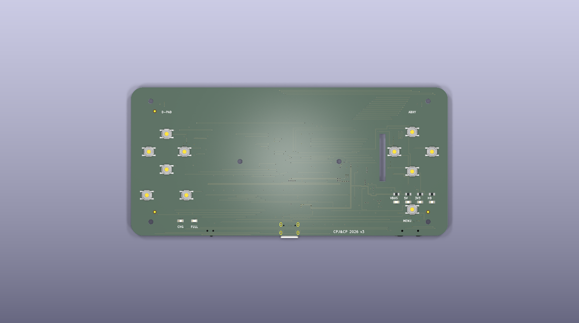 Top side, full board — diagnostic bank right edge, CHG/FULL lower left